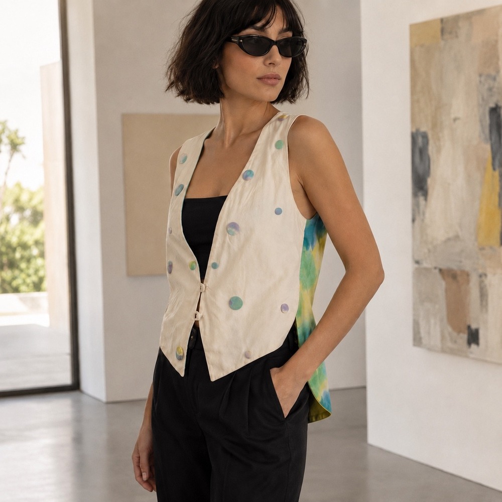 Henri Bendel Vintage Waistcoat Vest Tie Dye Back Polka Dot Buttons Cream
